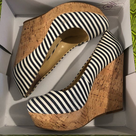 Gianna Bini Platform Cork Wedges Navy White Stripe - Picture 5 of 6